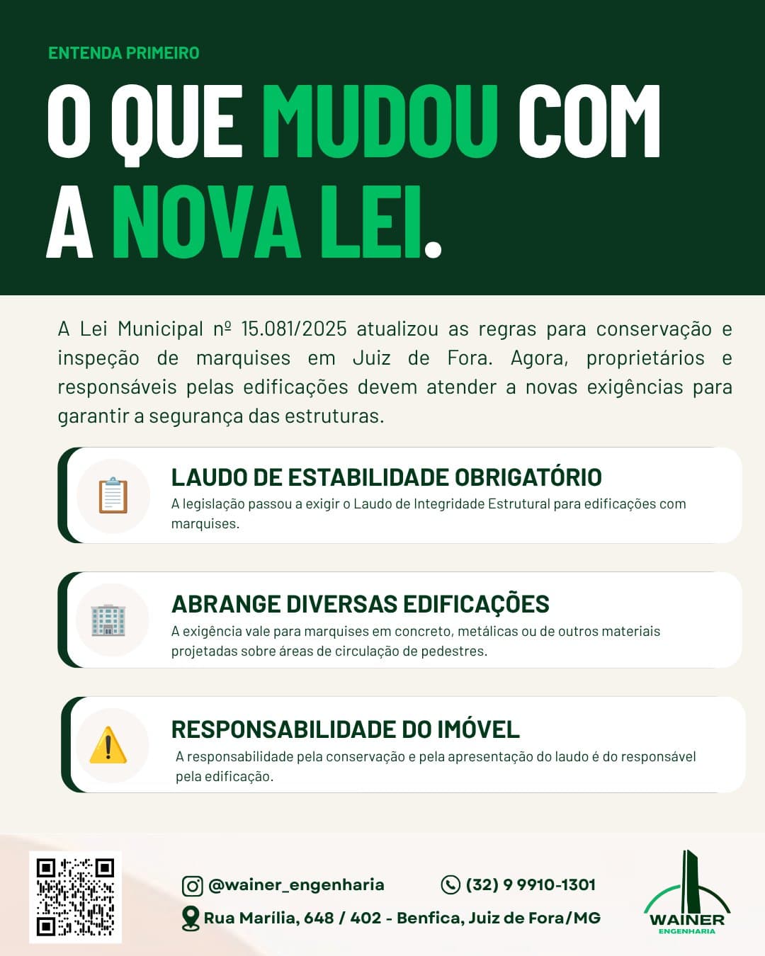 O que mudou com a nova lei: a Lei nº 15.081/2025 passou a exigir o Laudo de Integridade Estrutural para edificações com marquises, vale para marquises em concreto, metálicas ou de outros materiais projetadas sobre áreas de circulação de pedestres, e a responsabilidade pela conservação e pelo laudo é do responsável pela edificação.