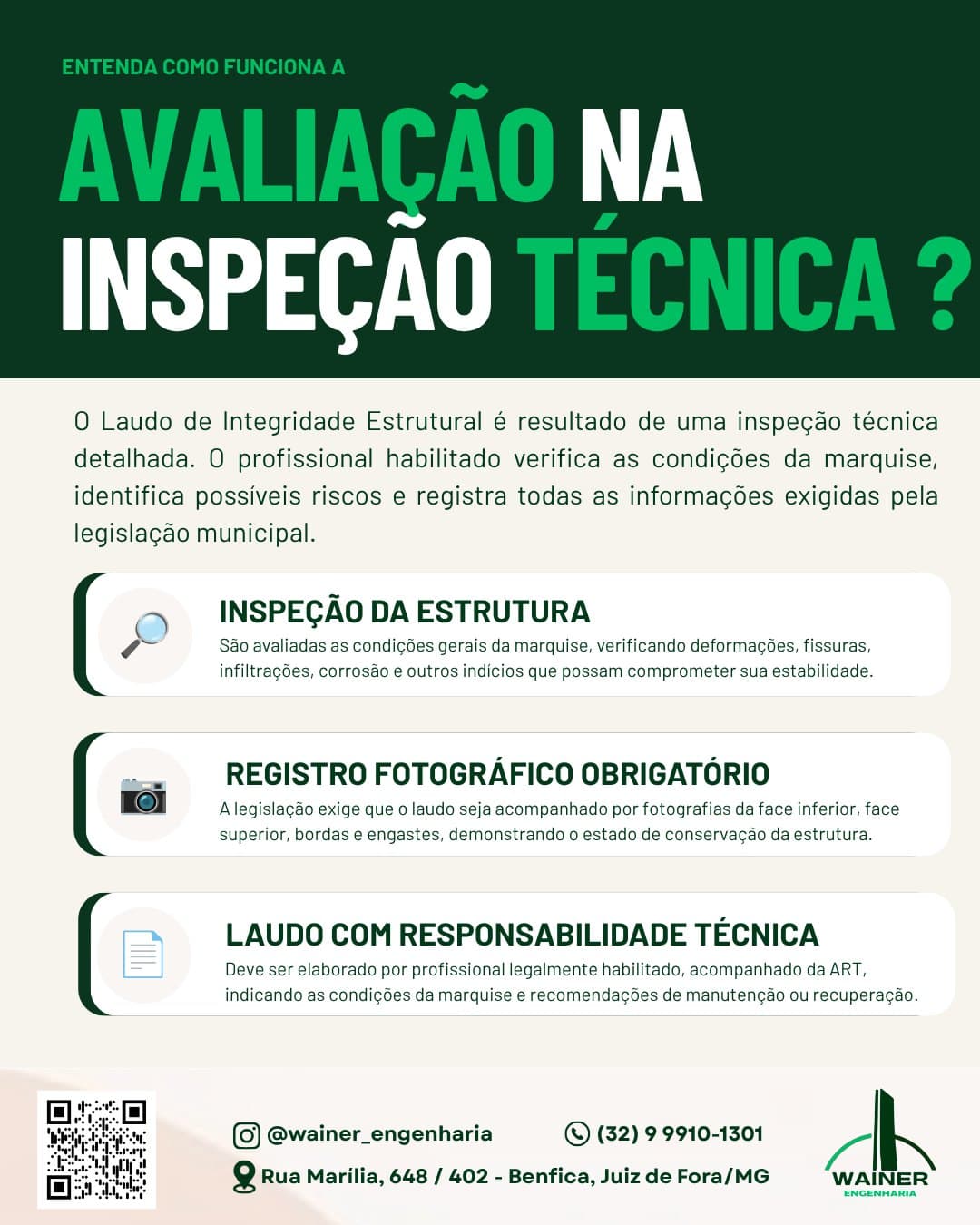 Como funciona a inspeção técnica: avaliação de deformações, fissuras, infiltrações e corrosão; registro fotográfico obrigatório da face inferior, face superior, bordas e engastes; e laudo elaborado por profissional habilitado com ART, com recomendações de manutenção ou recuperação.