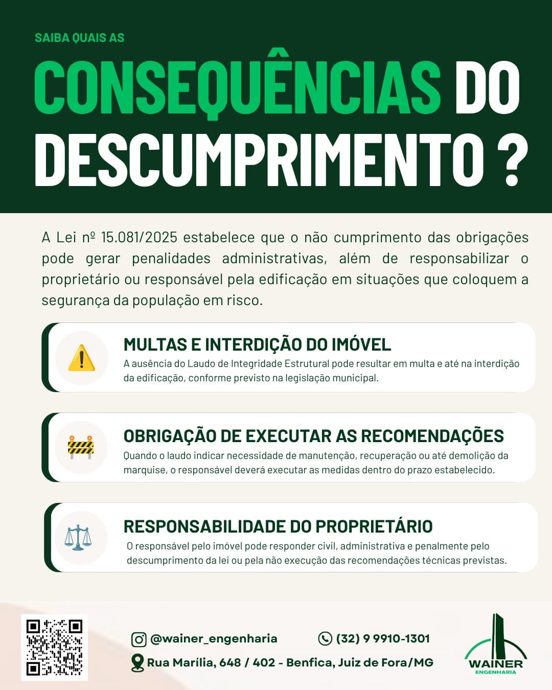 Consequências do descumprimento: multa e até interdição da edificação, obrigação de executar as recomendações do laudo dentro do prazo, e responsabilidade civil, administrativa e penal do proprietário.