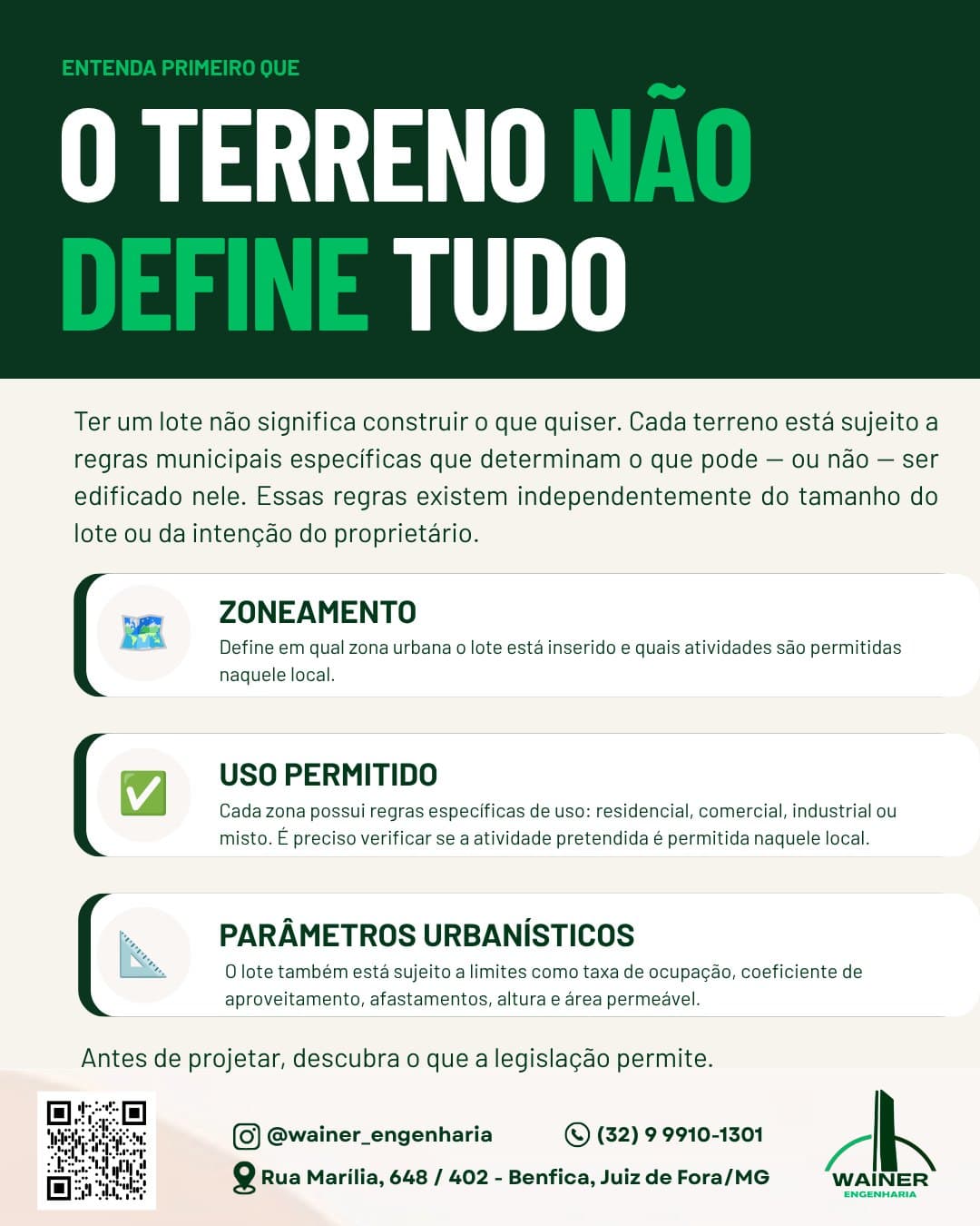 Entenda primeiro que o terreno não define tudo: ter um lote não significa construir o que quiser, porque cada terreno está sujeito a regras municipais específicas, independentemente do tamanho do lote ou da intenção do proprietário. Zoneamento define em qual zona urbana o lote está inserido e quais atividades são permitidas ali; uso permitido varia conforme a zona, entre residencial, comercial, industrial ou misto; e os parâmetros urbanísticos impõem limites como taxa de ocupação, coeficiente de aproveitamento, afastamentos, altura e área permeável.