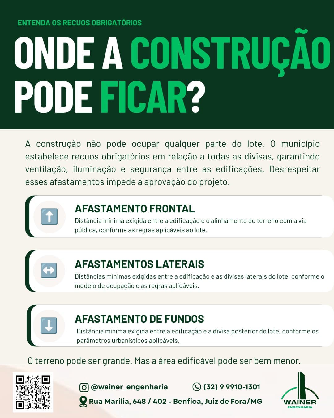 Onde a construção pode ficar? O município estabelece recuos obrigatórios em relação a todas as divisas, garantindo ventilação, iluminação e segurança entre as edificações; desrespeitar esses afastamentos impede a aprovação do projeto. O afastamento frontal é a distância mínima entre a edificação e o alinhamento do terreno com a via pública; os afastamentos laterais, entre a edificação e as divisas laterais; e o afastamento de fundos, entre a edificação e a divisa posterior. O terreno pode ser grande, mas a área edificável pode ser bem menor.