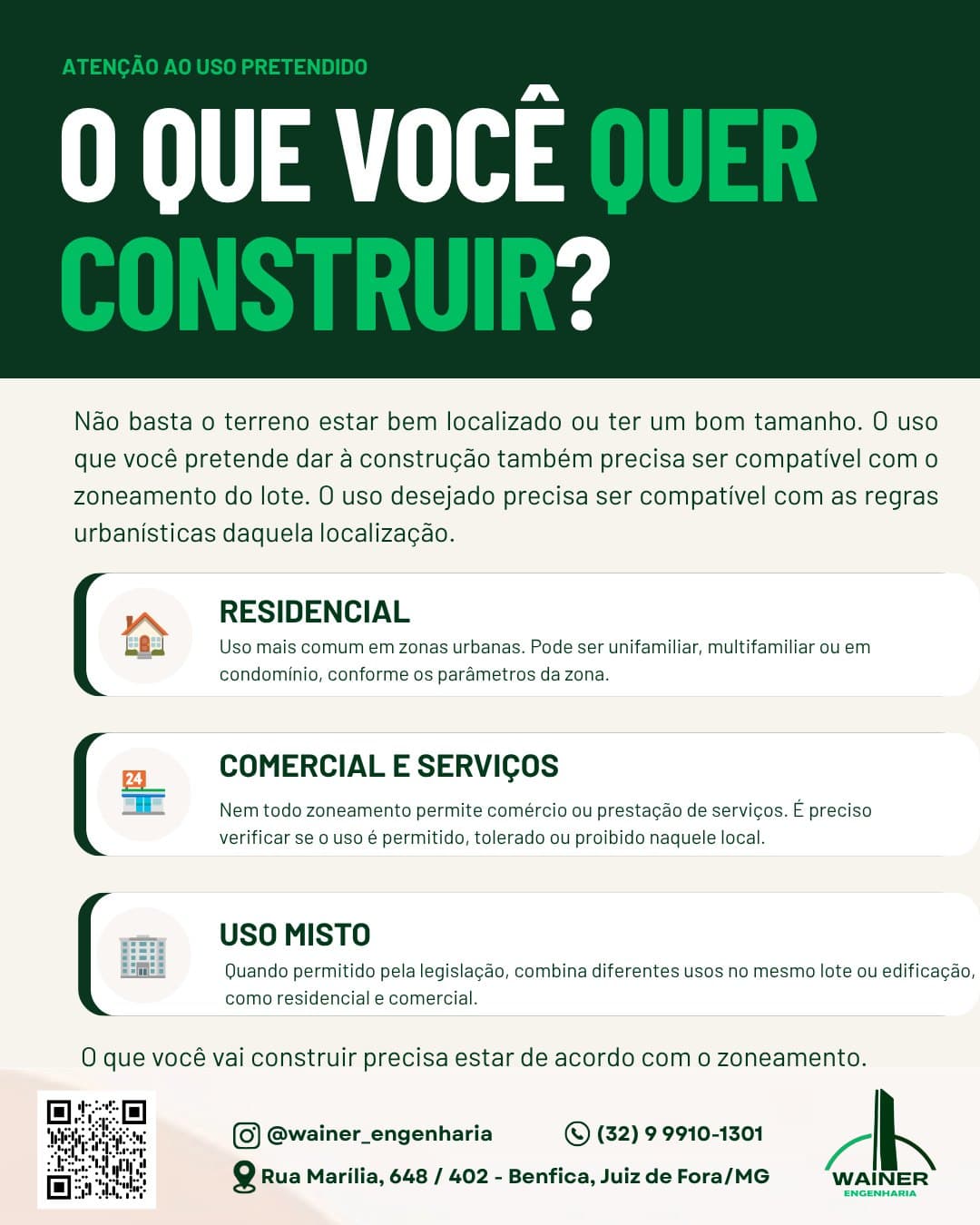 O que você quer construir? O uso pretendido precisa ser compatível com o zoneamento do lote. O uso residencial é o mais comum em zonas urbanas e pode ser unifamiliar, multifamiliar ou em condomínio; no uso comercial e de serviços, é preciso verificar se a atividade é permitida, tolerada ou proibida naquele local; e o uso misto, quando permitido pela legislação, combina diferentes usos no mesmo lote ou edificação.