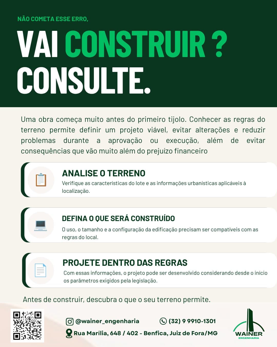 Vai construir? Consulte. Uma obra começa muito antes do primeiro tijolo: conhecer as regras do terreno permite definir um projeto viável, evitar alterações e reduzir problemas na aprovação ou na execução. Primeiro analise o terreno, verificando suas características e as informações urbanísticas da localização; depois defina o que será construído, com uso, tamanho e configuração compatíveis com as regras do local; e então projete dentro das regras, considerando os parâmetros exigidos pela legislação desde o início.