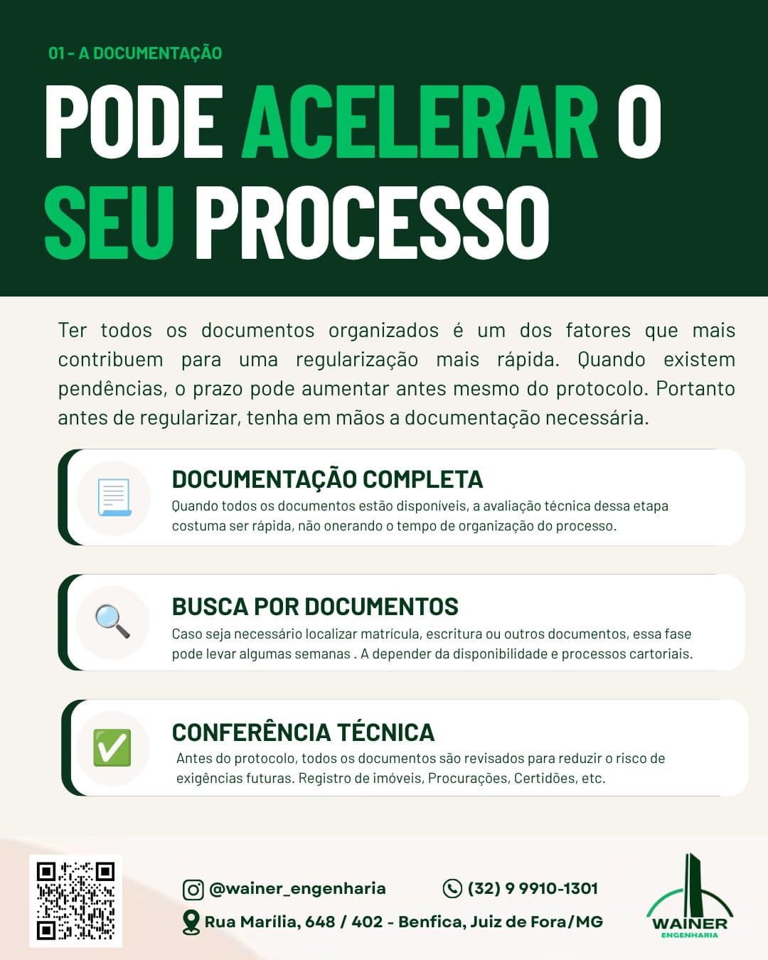 A documentação pode acelerar o seu processo: com a documentação completa, a avaliação é rápida; a busca por matrícula, escritura ou outros documentos pode levar algumas semanas; e antes do protocolo é feita a conferência técnica de registro de imóveis, procurações e certidões.