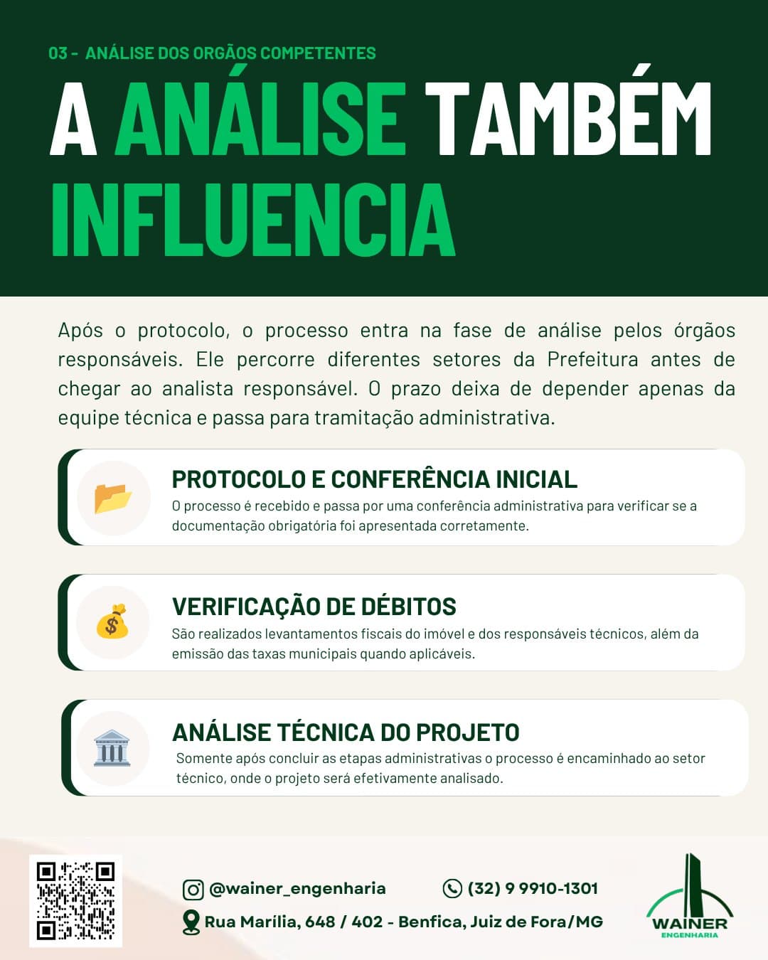 A análise dos órgãos competentes também influencia: após o protocolo há a conferência inicial da documentação, a verificação de débitos e emissão de taxas municipais, e só então a análise técnica do projeto pelo setor responsável da Prefeitura.