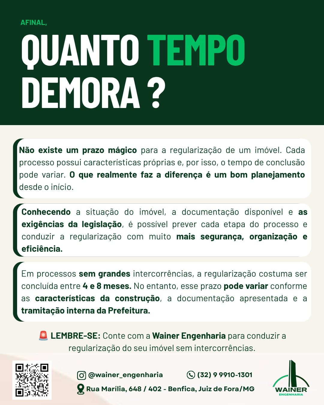 Afinal, quanto tempo demora? Não existe prazo mágico; o que faz diferença é um bom planejamento desde o início. Em processos sem grandes intercorrências, a regularização costuma ser concluída entre 4 e 8 meses, variando conforme a construção, a documentação e a tramitação na Prefeitura.