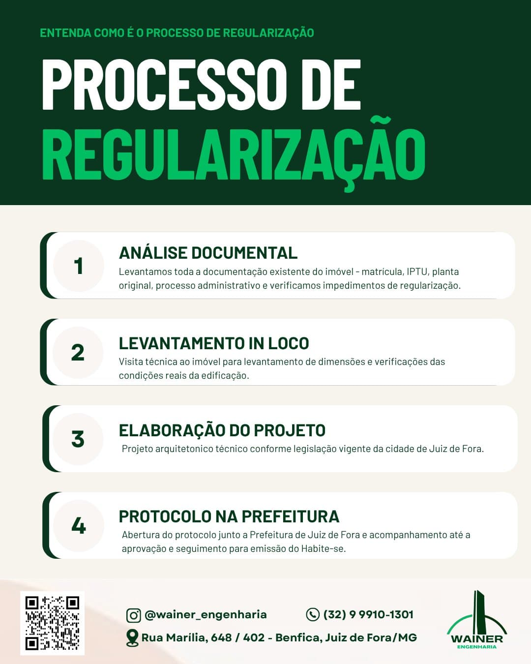 Processo de regularização em 4 etapas: 1. Análise documental — matrícula, IPTU, planta original e processo administrativo. 2. Levantamento in loco — visita técnica ao imóvel. 3. Elaboração do projeto arquitetônico conforme a legislação de Juiz de Fora. 4. Protocolo na Prefeitura e acompanhamento até a emissão do Habite-se.