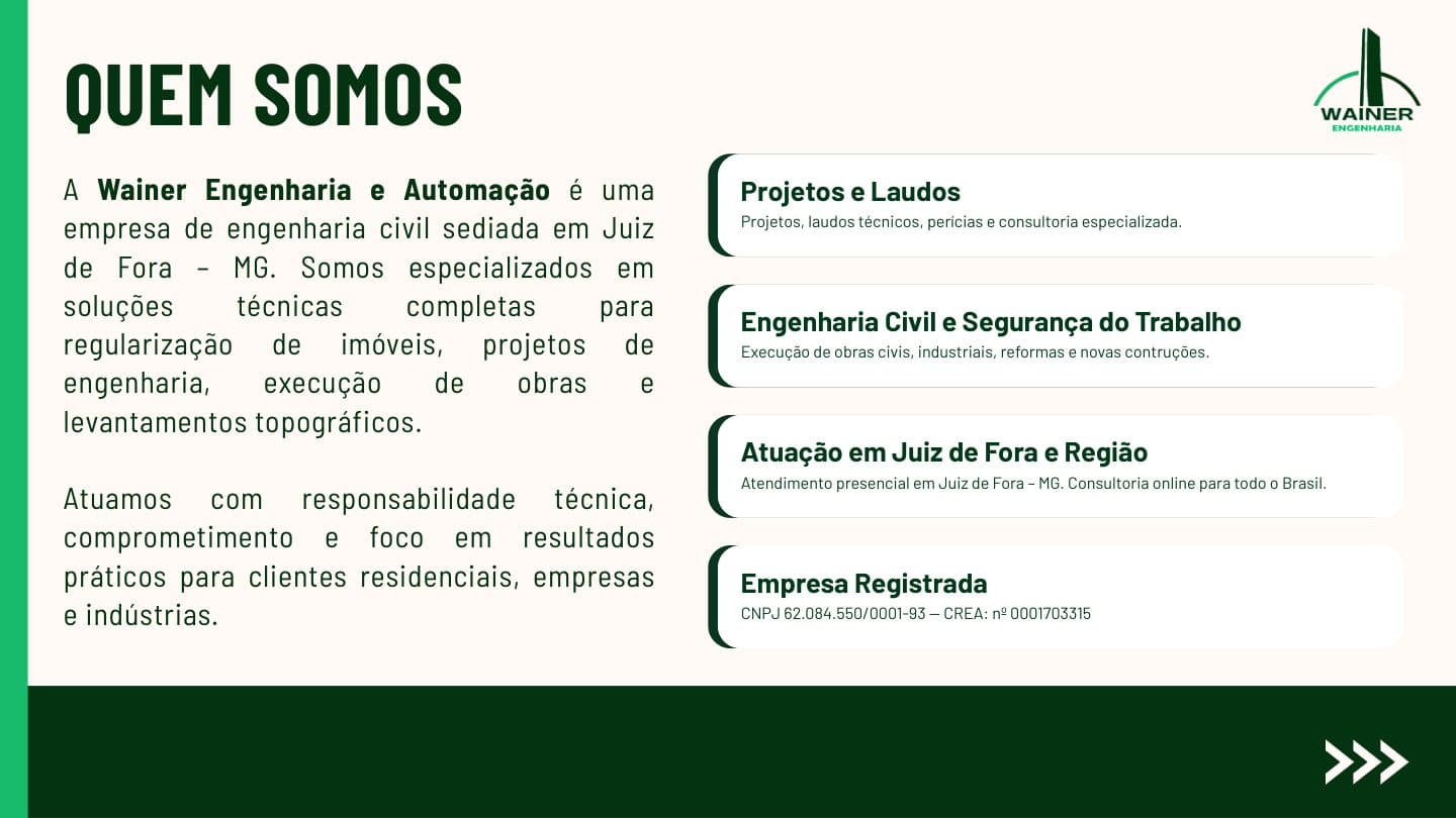 Página "Quem Somos" do portfólio da Wainer Engenharia: a empresa é de engenharia civil sediada em Juiz de Fora, especializada em regularização de imóveis, projetos de engenharia, execução de obras e levantamentos topográficos, atuando com responsabilidade técnica para clientes residenciais, empresas e indústrias. Ao lado, quatro cartões resumem as áreas de atuação, o atendimento presencial em Juiz de Fora com consultoria online para todo o Brasil e o registro da empresa no CNPJ e no CREA-MG.