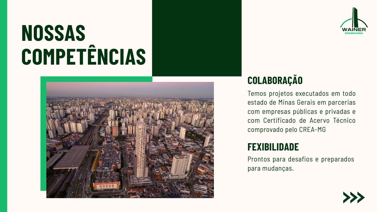 Página "Nossas Competências" do portfólio: em Colaboração, projetos executados em todo o estado de Minas Gerais em parceria com empresas públicas e privadas, com Certificado de Acervo Técnico comprovado pelo CREA-MG; em Flexibilidade, prontos para desafios e preparados para mudanças. Ao lado, uma foto aérea de área urbana densa com prédios e avenidas.