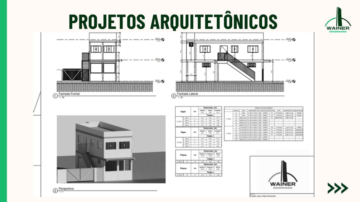 Prancha de projeto de loja e sala comercial: fachada frontal e fachada lateral em escala 1:50 com os três níveis indicados, perspectiva da edificação e tabelas de vigas, pilares e esquadrias com as dimensões de cada elemento.