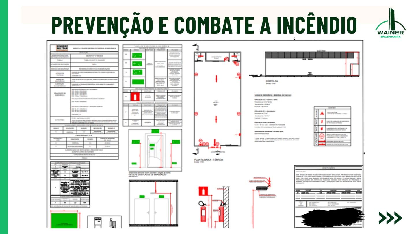 Prancha de projeto de prevenção e combate a incêndio com o quadro informativo de medidas de segurança do Corpo de Bombeiros, tabela de sinalização de emergência, planta baixa do térreo com as rotas de saída, corte AA, memorial de cálculo das saídas de emergência com o cálculo de população e unidades de passagem, e detalhe das placas de sinalização e dos extintores.
