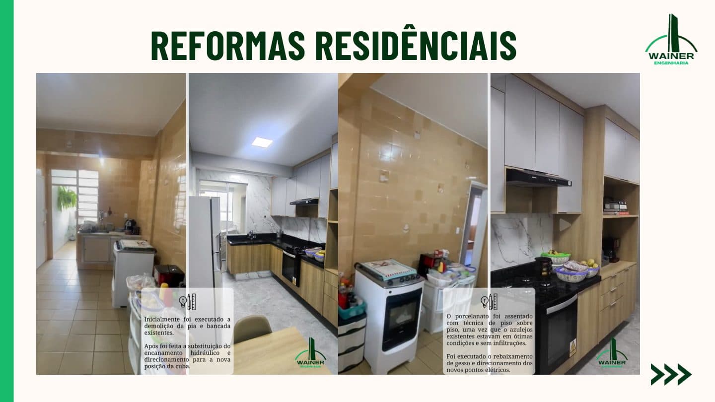 Reforma de cozinha em duas comparações de antes e depois: o ambiente original com azulejo antigo e a cozinha concluída com bancada em granito preto, revestimento que imita mármore, armários planejados e coifa. As legendas explicam que foi executada a demolição da pia e da bancada, a substituição do encanamento hidráulico para a nova posição da cuba, o assentamento de porcelanato com técnica de piso sobre piso e o rebaixamento de gesso com direcionamento dos novos pontos elétricos.