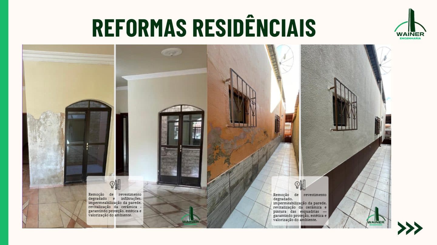 Duas comparações de antes e depois em áreas com umidade: uma parede interna com reboco descascado ao lado do mesmo trecho recuperado e pintado, e um corredor externo com revestimento degradado ao lado do mesmo corredor com parede nova e barrado cerâmico. As legendas descrevem remoção do revestimento degradado, impermeabilização da parede, revitalização da cerâmica e pintura das esquadrias.