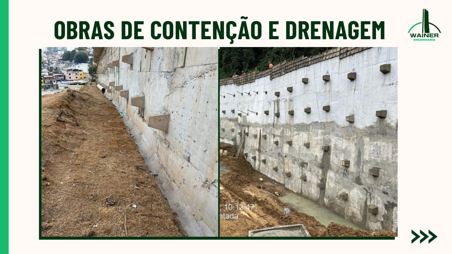 Duas fotos de cortina atirantada em encosta urbana: vista lateral da estrutura de concreto com os blocos de ancoragem e a canaleta de drenagem ao pé do talude, e vista frontal da cortina com as ancoragens distribuídas em malha, com a cidade ao fundo.