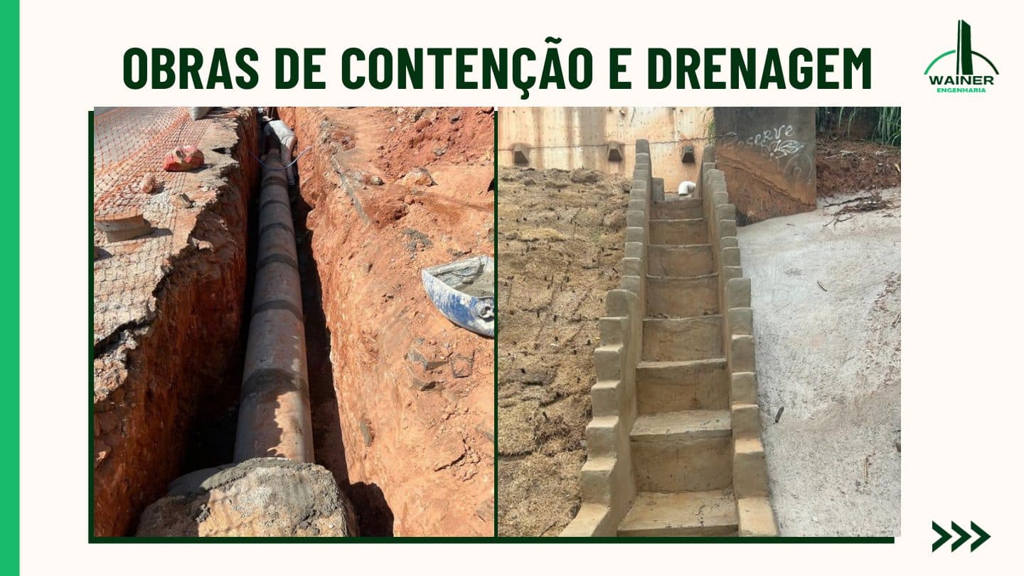 Duas fotos de obra: assentamento de tubulação de concreto em vala escavada, com tela de sinalização na borda, e escada hidráulica de dissipação executada em bloco de concreto na encosta.