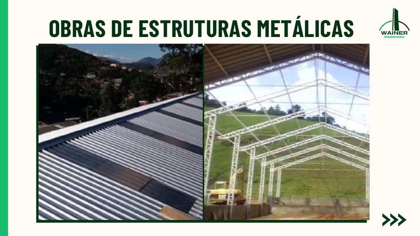 Duas etapas de cobertura metálica: telhado concluído com telhas metálicas e rufo de acabamento, com o vale ao fundo, e a montagem da estrutura treliçada de um galpão em área rural, com os pórticos já erguidos e um equipamento de içamento em operação.