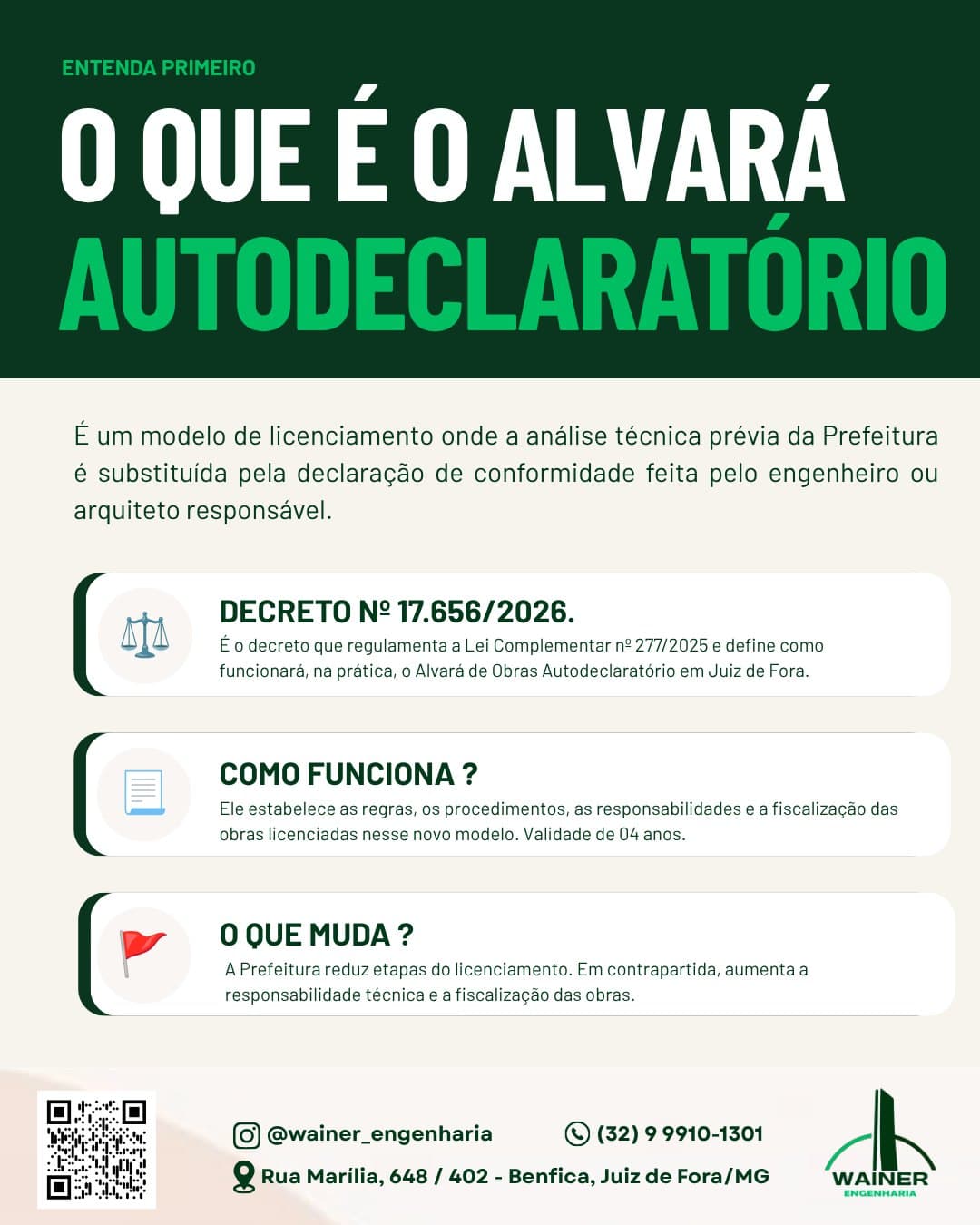 O que é o Alvará Autodeclaratório: um modelo de licenciamento em que a análise técnica prévia da Prefeitura é substituída pela declaração de conformidade feita pelo engenheiro ou arquiteto responsável. O Decreto nº 17.656/2026 regulamenta a Lei Complementar nº 277/2025 e define como ele funcionará na prática em Juiz de Fora, estabelecendo regras, procedimentos, responsabilidades e fiscalização das obras licenciadas nesse modelo, com validade de 4 anos. A Prefeitura reduz etapas do licenciamento e, em contrapartida, aumenta a responsabilidade técnica e a fiscalização das obras.