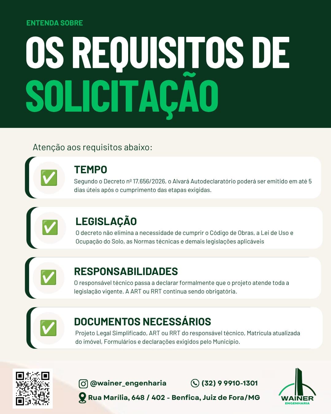 Os requisitos de solicitação. Tempo: segundo o Decreto nº 17.656/2026, o Alvará Autodeclaratório poderá ser emitido em até 5 dias úteis após o cumprimento das etapas exigidas. Legislação: o decreto não elimina a necessidade de cumprir o Código de Obras, a Lei de Uso e Ocupação do Solo, as normas técnicas e demais legislações aplicáveis. Responsabilidades: o responsável técnico passa a declarar formalmente que o projeto atende toda a legislação vigente, e a ART ou RRT continua sendo obrigatória. Documentos necessários: Projeto Legal Simplificado, ART ou RRT do responsável técnico, matrícula atualizada do imóvel e formulários e declarações exigidos pelo município.