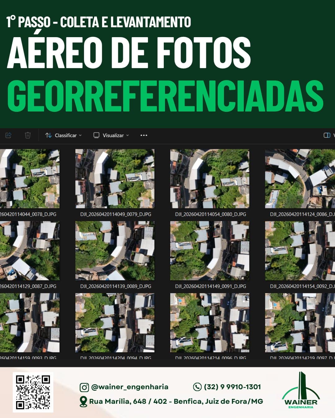 1º passo: coleta e levantamento aéreo de fotos georreferenciadas. Tela do computador com dezenas de fotos aéreas do bairro feitas por drone, cada uma nomeada com data e horário do voo, cobrindo telhados, ruas e quintais da região do imóvel.