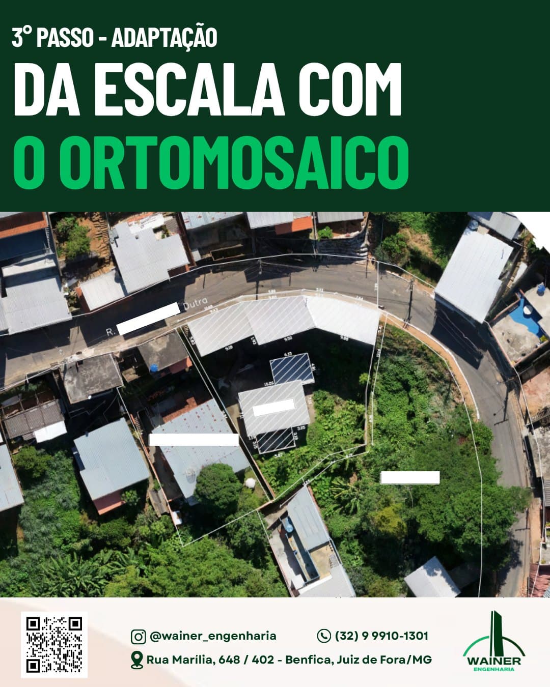 3º passo: adaptação da escala com o ortomosaico. Sobre a imagem aérea são desenhados os limites do lote e as medidas de cada divisa em metros, junto do contorno das edificações existentes no terreno.