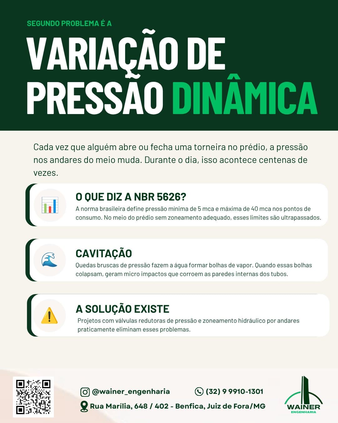 O segundo problema é a variação de pressão dinâmica: cada vez que alguém abre ou fecha uma torneira no prédio, a pressão nos andares do meio muda, e isso acontece centenas de vezes por dia. A NBR 5626 define pressão mínima de 5 mca e máxima de 40 mca nos pontos de consumo, limites que são ultrapassados no meio do prédio sem zoneamento adequado. Quedas bruscas de pressão causam cavitação: a água forma bolhas de vapor que, ao colapsarem, geram micro impactos que corroem as paredes internas dos tubos. A solução existe — projetos com válvulas redutoras de pressão e zoneamento hidráulico por andares praticamente eliminam esses problemas.