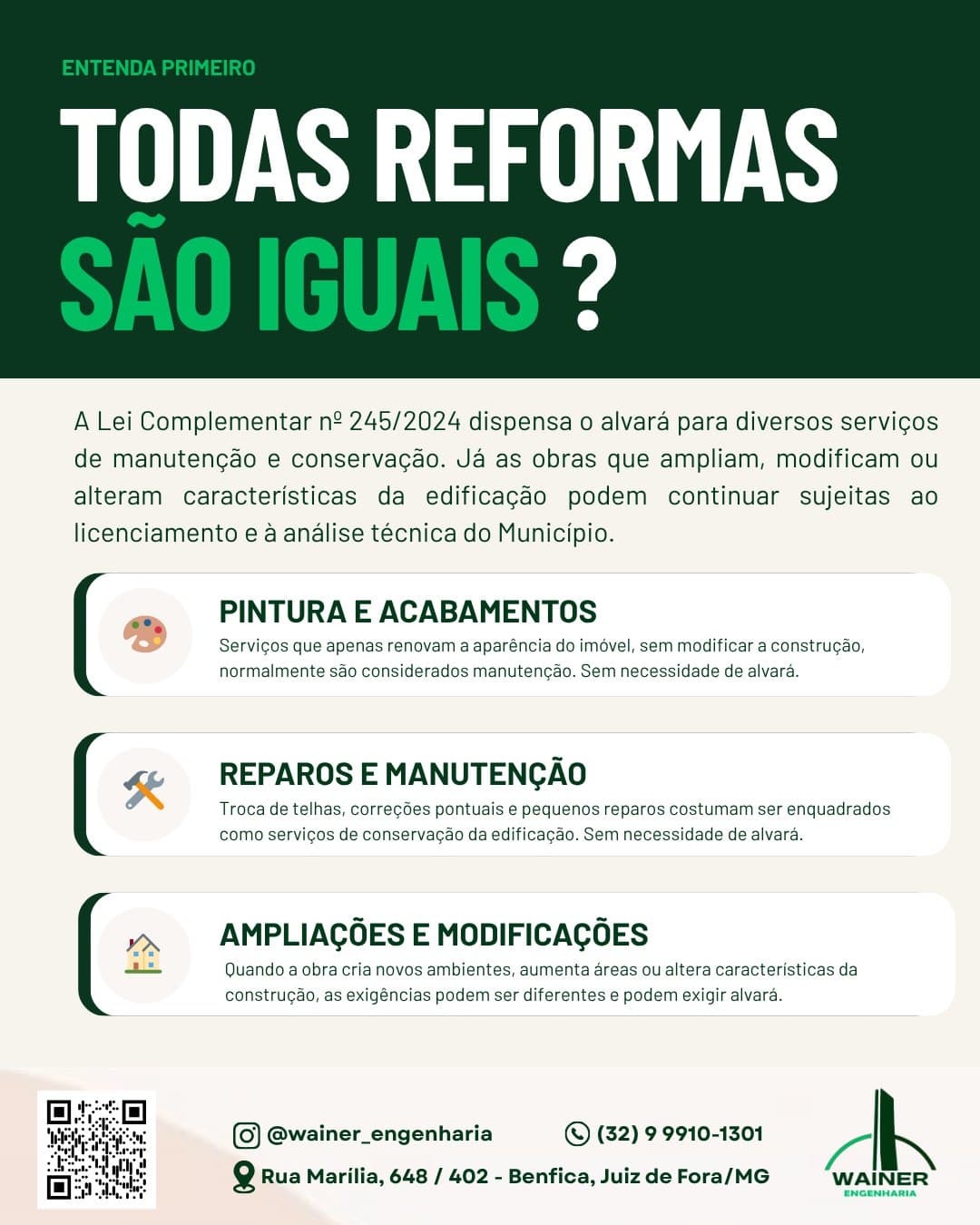 Todas as reformas são iguais? Pintura e acabamentos e reparos e manutenção, como troca de telhas e pequenos reparos, normalmente dispensam alvará. Ampliações e modificações que criam ambientes, aumentam áreas ou alteram a construção podem exigir alvará e análise técnica do Município.