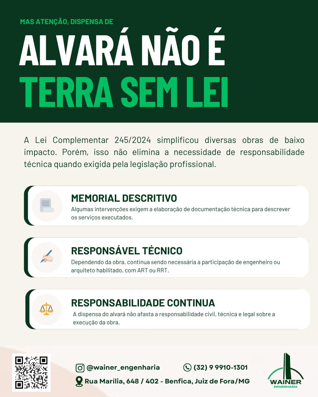 Dispensa de alvará não é terra sem lei: algumas intervenções exigem memorial descritivo, pode ser necessário responsável técnico com ART ou RRT, e a responsabilidade civil, técnica e legal sobre a obra continua.