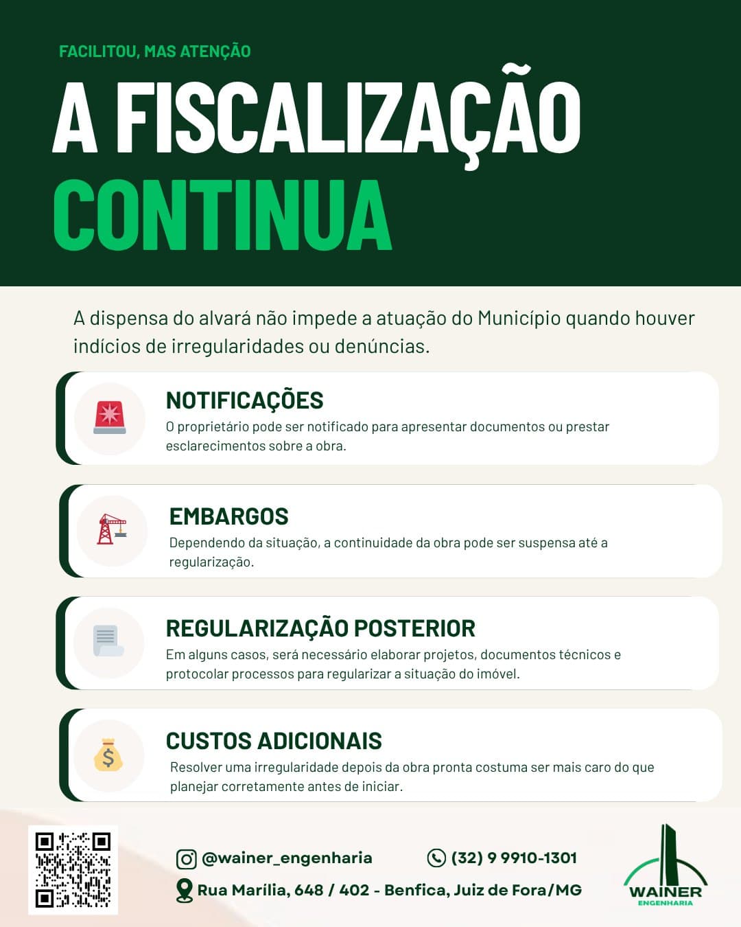 A fiscalização continua: o proprietário pode ser notificado, a obra pode ser embargada, pode ser necessária regularização posterior com projetos e documentos técnicos, e resolver a irregularidade depois da obra pronta costuma custar mais caro.