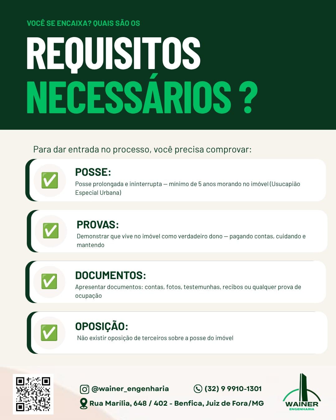 Requisitos necessários: posse prolongada e ininterrupta de no mínimo 5 anos morando no imóvel (Usucapião Especial Urbana); provas de que vive no imóvel como verdadeiro dono; documentos como contas, fotos, testemunhas e recibos; e não existir oposição de terceiros sobre a posse.