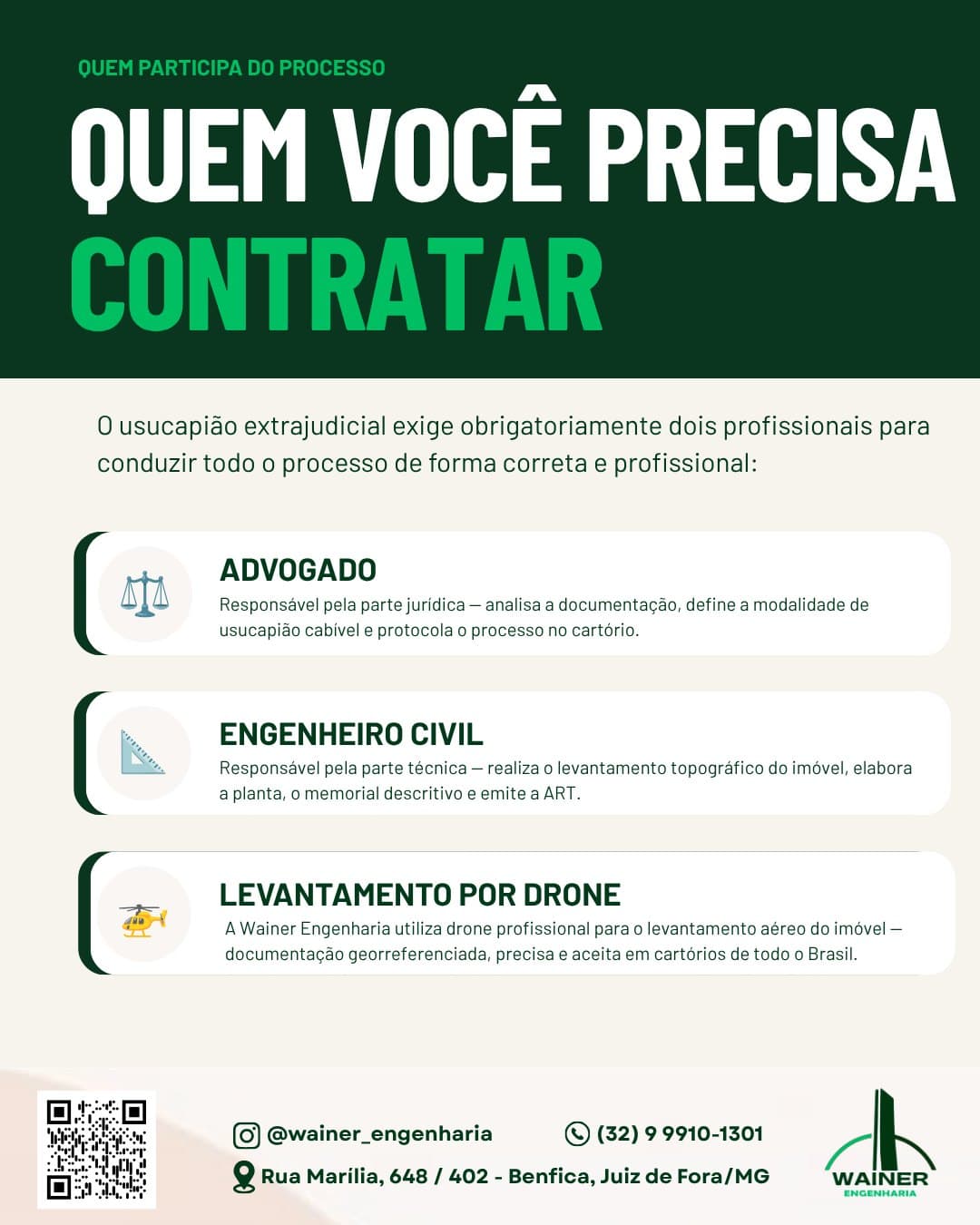 Quem você precisa contratar: um advogado, responsável pela parte jurídica e pelo protocolo no cartório; e um engenheiro civil, responsável pelo levantamento topográfico, planta, memorial descritivo e ART. A Wainer Engenharia faz o levantamento aéreo por drone, com documentação georreferenciada aceita em cartórios de todo o Brasil.