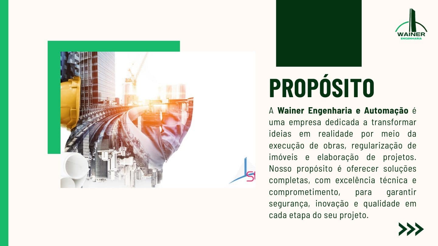 Página "Propósito" do portfólio: a Wainer Engenharia é dedicada a transformar ideias em realidade por meio da execução de obras, regularização de imóveis e elaboração de projetos, oferecendo soluções completas com excelência técnica e comprometimento. Ao lado do texto, uma composição sobreposta de canteiro de obras com guindaste, capacete de proteção e planta de projeto.