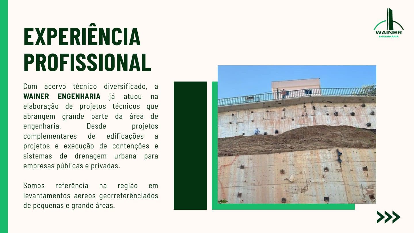 Página "Experiência Profissional" do portfólio: com acervo técnico diversificado, a Wainer Engenharia já atuou na elaboração de projetos técnicos que abrangem grande parte da área de engenharia, de projetos complementares de edificações a projetos e execução de contenções e sistemas de drenagem urbana para empresas públicas e privadas, sendo referência na região em levantamentos aéreos georreferenciados. Ao lado, foto de uma cortina de contenção em encosta, com as ancoragens aparentes e a via protegida por guarda-corpo no topo.