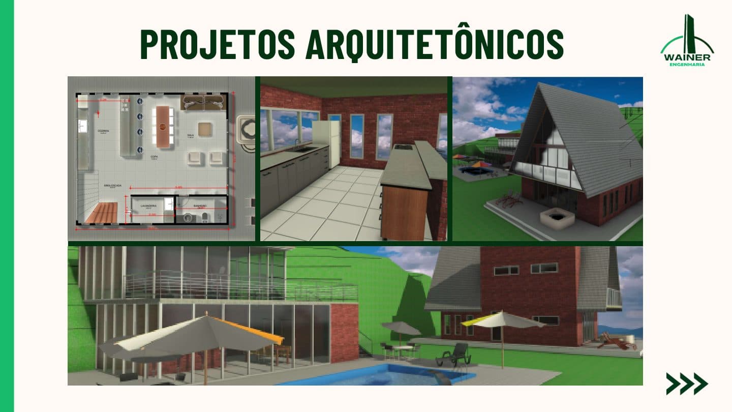 Projeto arquitetônico em BIM com planta baixa cotada e vistas tridimensionais da casa.