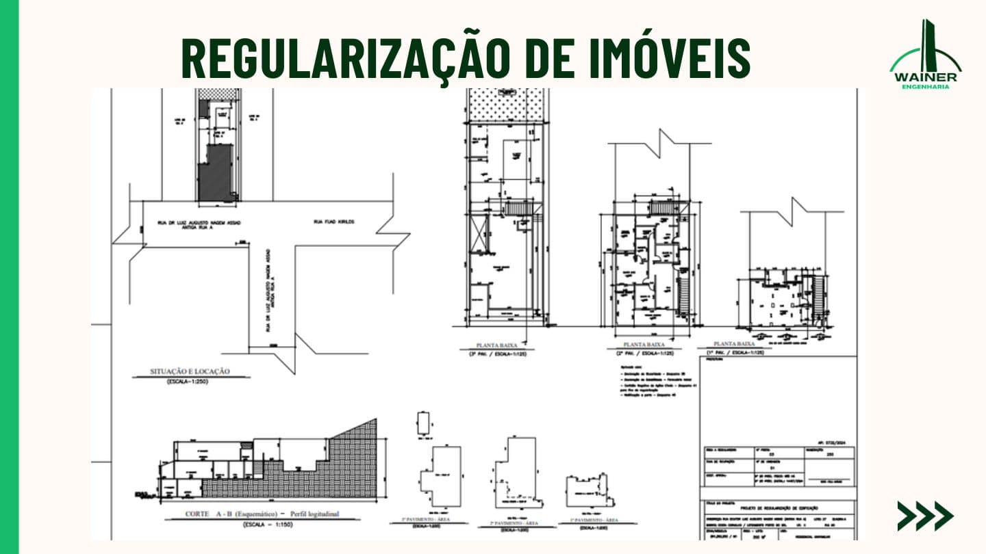 Prancha de regularização de edificação com planta de situação e locação, plantas baixas por pavimento e corte esquemático do terreno.