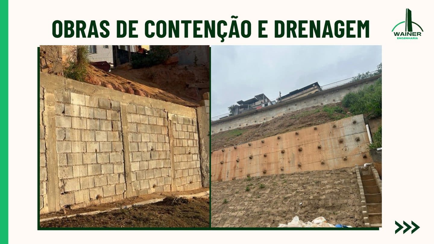 Muro de arrimo em blocos de concreto e encosta com cortina em solo grampeado executados em obra.