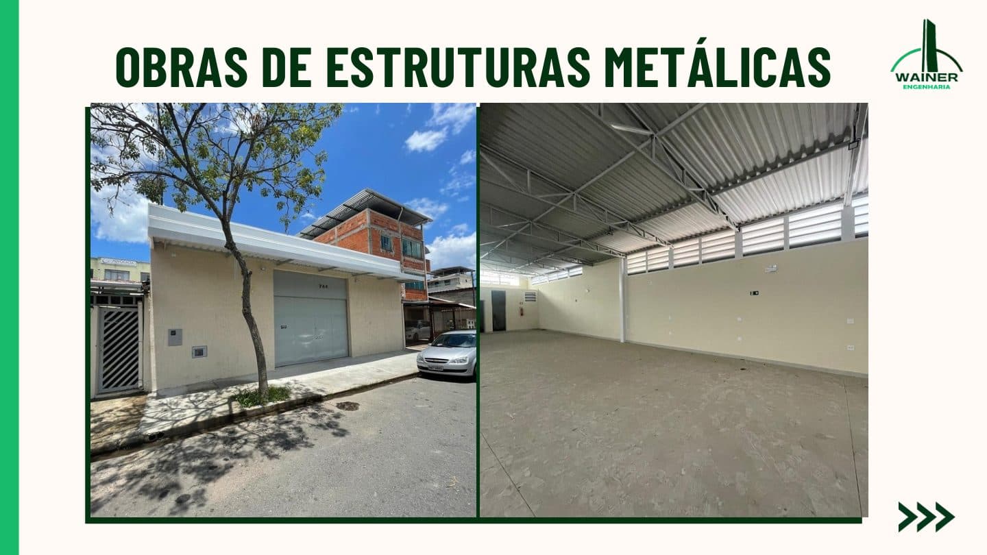 Galpão comercial com marquise metálica na fachada e interior com estrutura treliçada aparente e telhas metálicas.